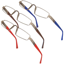Load image into Gallery viewer, Array on the bias of red, bronze, and blue Alto Moda low profile reading glasses suspended on a white background.. Availalb eexclusively fronm ReadingGlasses.CO/