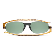 Load image into Gallery viewer, Front folded view of Solemio 2 sunglasses in tortoise temple with dark green lenses. Photographed on a white background. Buy them at ReadingGlasses.CO-