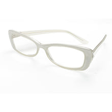 Load image into Gallery viewer, 3/4 angled view with &quot;relaxed&quot; temples of white bowtie reading glasses in white on white background. By aj morgan get them at ReadingGlasses.CO/