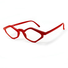 Load image into Gallery viewer, 3-4 view of Edgy cat eye reading glasses photographed on a white background. Designed and made by Nannini of Italy. Buy them at ReadingGlasses.CO/