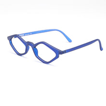 Load image into Gallery viewer, 3-4 angular view of Edgy Matte Blue Cat Eye reading glasses photographed on a white background. Designed and made by Nannini of Italy. Buy them at ReadingGlasses.CO/