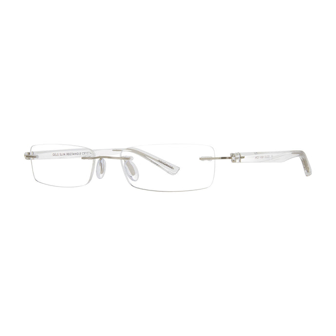3/4 view Gels Slim Rectangle Rubber Coated Readers in clear crystal. Available at ReadingGlasses.CO/