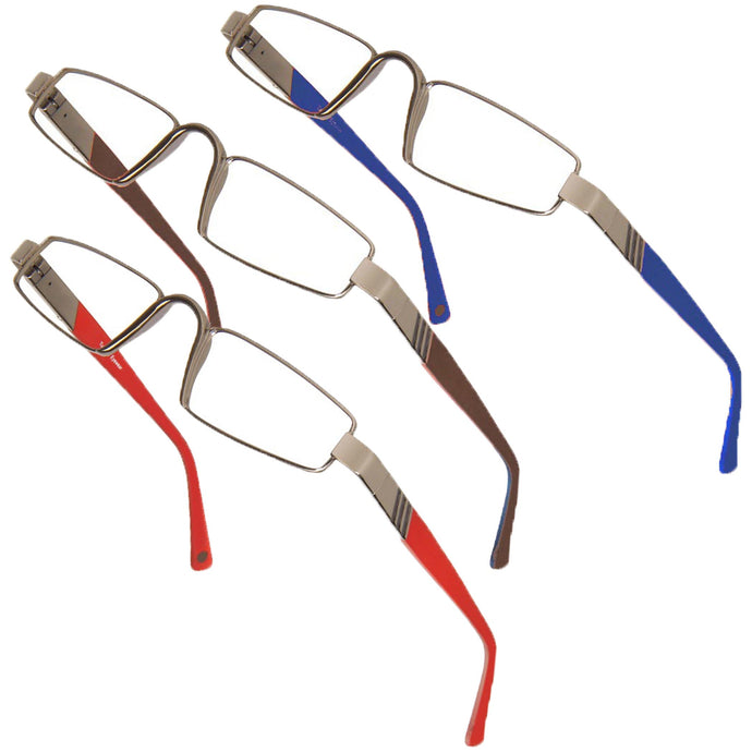 Array on the bias of red, bronze, and blue Alto Moda low profile reading glasses suspended on a white background.. Availalb eexclusively fronm ReadingGlasses.CO/