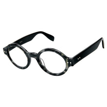 Load image into Gallery viewer, Angled view of Radio City Black Horn readers on white, made by Scojo. Buy at ReadingGlasses.CO_