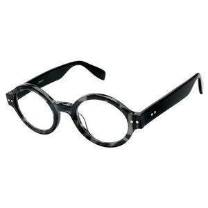 Angled view of Radio City Black Horn readers on white, made by Scojo. Buy at ReadingGlasses.CO_