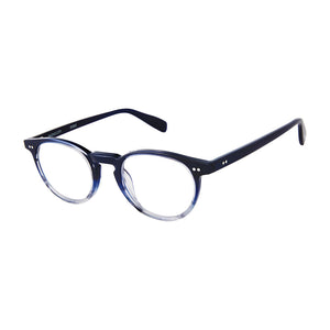 Angular view, Radio City Blue Horn Fade  readers on white. Style 2518, by Scojo. Buy at ReadingGlasses.CO/