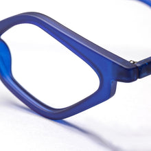 Load image into Gallery viewer, High angle close up view of Edgy Matte Blue Transluscent Cat Eye reading glasses photographed on a white background. Designed and made by Nannini of Italy. Buy them at ReadingGlasses.CO/