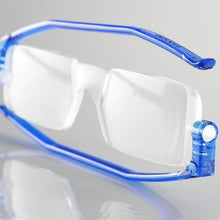 Load image into Gallery viewer, Standing close upn view of Nannini Compact 2 folding Readers in blue by Nannini Eyewear. Buy them at ReadingGlasses.CO/