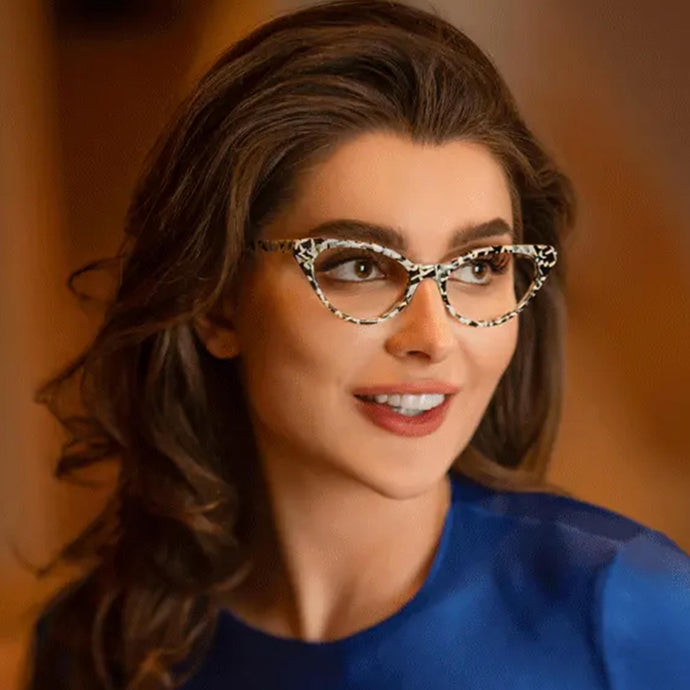 Female Model wearing Soho Sky Mosaic reading glasses by Scojo Buy at ReadingGlasses.CO