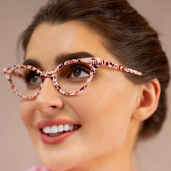 Soho Cat Eye Readers with Case by Scojo; Pink Mosaic