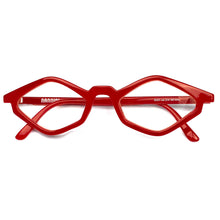 Load image into Gallery viewer, Front straight-on view of glossy red Edgy cat eye reading glasses photographed on a white background. Designed and made by Nannini of Italy. Buy them at ReadingGlasses.CO/