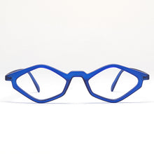 Load image into Gallery viewer, Front view of Edgy Matte Blue Cat Eye reading glasses photographed on a white background. Designed and made by Nannini of Italy. Buy them at ReadingGlasses.CO/