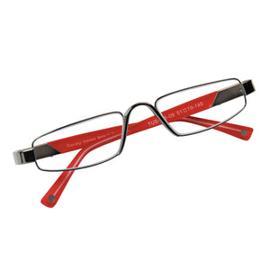 Flat downward view of Alto Moda Ophthalmic-grade Italian Design Reading Glasses in red from ReadingGlasses.CO/