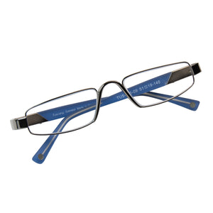 Flat downward view of Alto Moda Ophthalmic-grade Italian Design Reading Glasses in blue, photographed on a white background from ReadingGlasses.CO/
