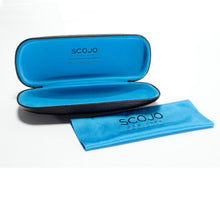 Load image into Gallery viewer, Luxurious black hard case and bright blue microfiber cleaning cloth in the famous custom colors of Scojo New York
