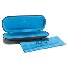 Load image into Gallery viewer, HANDMADE CASE:  Luxurious black hard case and bright blue microfiber cleaning cloth in the famous custom colors of Scojo New York 