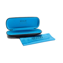 Load image into Gallery viewer, Luxurious pebbled leatherette case with oversized cleaning cloth in Scojo&#39;s signature blue. 