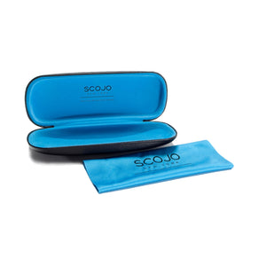 Luxurious pebbled leatherette case with oversized cleaning cloth in Scojo's signature blue. 