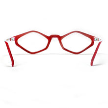 Load image into Gallery viewer, Rear view of glossy red Edgy cat eye reading glasses photographed on a white background. Designed and made by Nannini of Italy. Buy them at ReadingGlasses.CO/