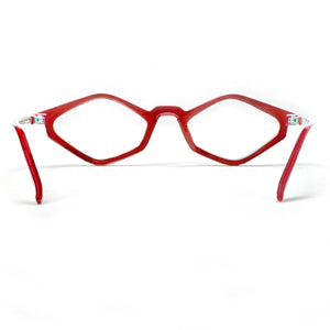 Rear view of glossy red Edgy cat eye reading glasses photographed on a white background. Designed and made by Nannini of Italy. Buy them at ReadingGlasses.CO/