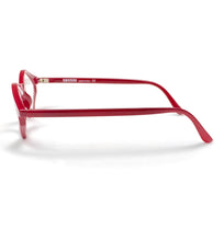 Load image into Gallery viewer, Side temple view of Edgy glossy red cat eye reading glasses photographed on a white background. Made in Italy by Nannini. Buy them at ReadingGlasses.CO/