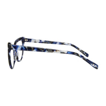 Load image into Gallery viewer, Temple view of Cornelia Reading Glasses Blue Horn style 2500 photographed on white background. Made by Scojo. Buy at ReadingGlasses.CO 
