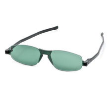 Load image into Gallery viewer, Three quarter view of original Solemio 2 sunglasses in black temple with dark green lenses. Photographed on a white background. Buy them at ReadingGlasses.CO-