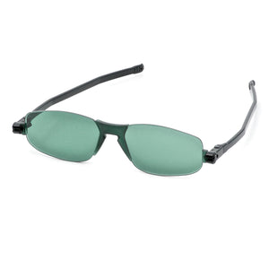 Three quarter view of original Solemio 2 sunglasses in black temple with dark green lenses. Photographed on a white background. Buy them at ReadingGlasses.CO-