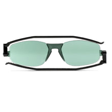 Load image into Gallery viewer, Front folded view of Solemio 2 sunglasses in black temple with dark green lenses. Photographed on a white background. Buy them at ReadingGlasses.CO-