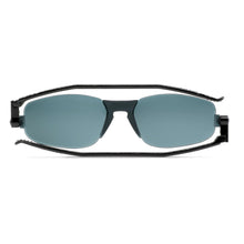 Load image into Gallery viewer, Folded standing view of Solemio 2 sunglasses in Black Temples, Dark Grey Lens. Photographed on a white background. Buy them at ReadingGlasses.CO-