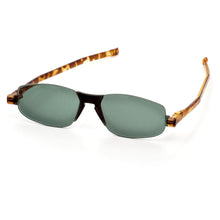 Load image into Gallery viewer, 3/4 view of Solemio 2 sunglasses in tortoise temple with dark green lenses. Photographed on a white background. Buy them at ReadingGlasses.CO-