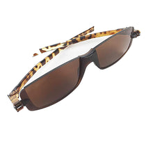 Load image into Gallery viewer, high angle view of Nannini Solemio 3 sunglasses with Tortoise Temples, Dark Brown Lens. Photographed on a white background. Buy them at ReadingGlasses.CO-