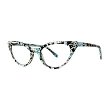 Load image into Gallery viewer, Three-quarter view of Soho cat eye reading glasses in blue mosaic.Photographed on a white background. Buy them at ReadingGlasses.CO/