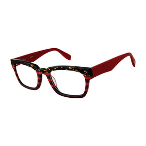 Angular view of Benson St. Red Black Tortoise readers on white. Style 2507, made by Scojo. Buy at ReadingGlasses.CO/