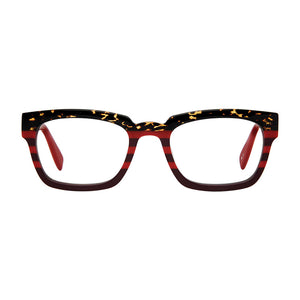 Front straight-on view of Benson St. Red Black Tortoise readers on white. Style 2507, created by Scojo. Buy at ReadingGlasses.CO/