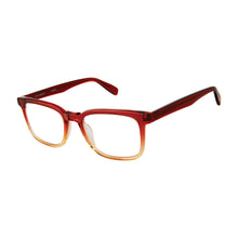 Load image into Gallery viewer, Angle view of Simon Red Fade reading glasses photographed on white background. Made by Scojo. Buy them at ReadingGlasses.CO/