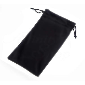 Black microfiber case with drawstrings to hold reading glasses.