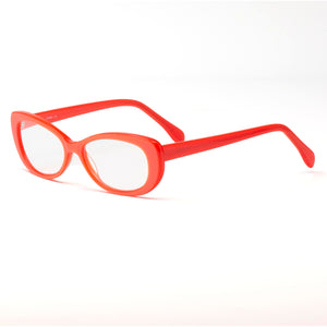 Elevated view of coral hip cat optical reading glasses by Aj Morgan. Buy at Reading Glasses.CO  