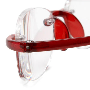 Extreme close up of Flame Red Classic Gels reading glasses by Scojo 712 from ReadingGlasses.CO