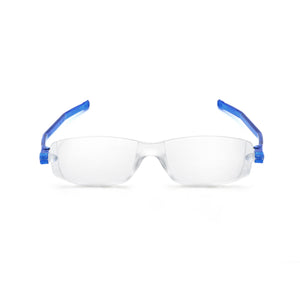 Straight-on unfolded view of Nannini Compact 2 folding Readers in blue by Nannini Eyewear. Buy them at ReadingGlasses.CO/