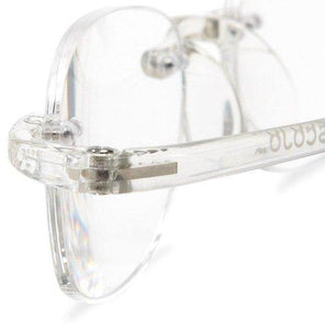 Extreme close-up view of Crystal Clear Gels Reading Glasses by Scojo New York