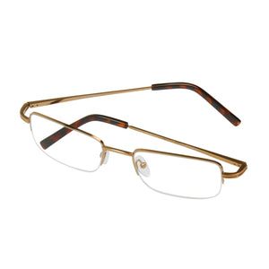 Partially folded, elevated view of gold semi-rimless Lyndon reading glasses. Buy at ReadingGlasses.CO/