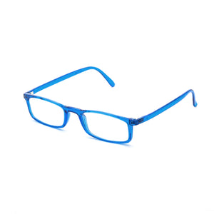 3/4 view of Nannini lightweight half frame reading glasses, blue. From ReadingGlasses.CO/