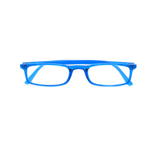 Front view of folded Nannini lightweight half frame reading glasses, blue. From ReadingGlasses.CO/
