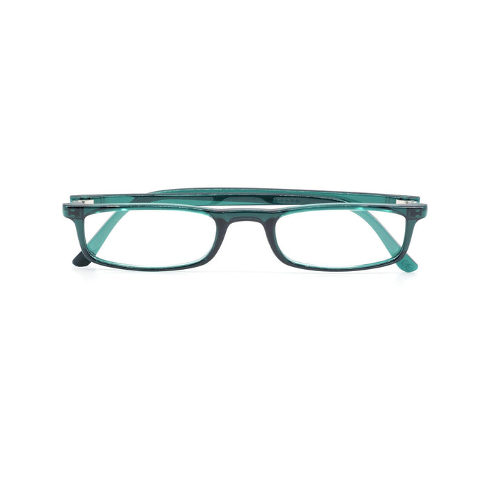 Side view showing temple or arm of Quick 7.9  reading glasses by Nannini of Italy bottle green