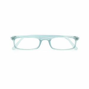 Straight-on folded view of Quick 7.9 water green blue light blue reading glasses by Nannini, Italy 