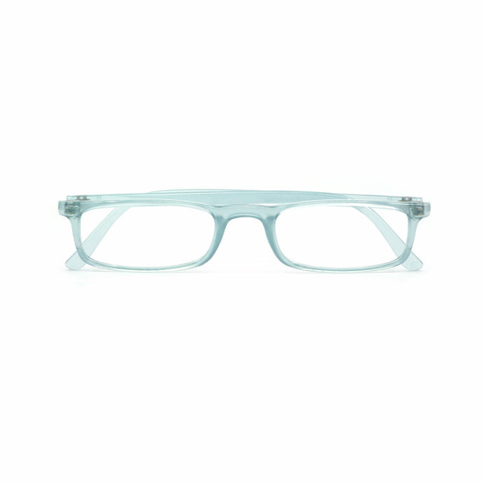 Straight-on folded view of Quick 7.9 water green blue light blue reading glasses by Nannini, Italy 