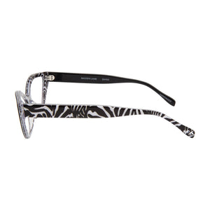 Side temple view of black and zebra Maiden Lane Optical Reading Glasses by Scojo® available at ReadingGlasses.CO/