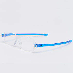 3/4 view of Nannini Compact 2 folding Readers in blue by Nannini Eyewear. Buy them at ReadingGlasses.CO/