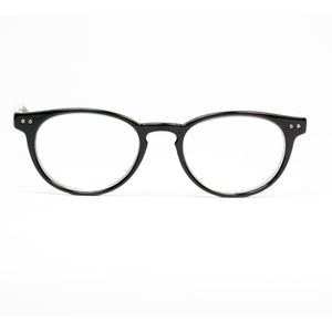 Front straight-on view of black Watergate retro reading glasses by ReadingGlasses.CO/